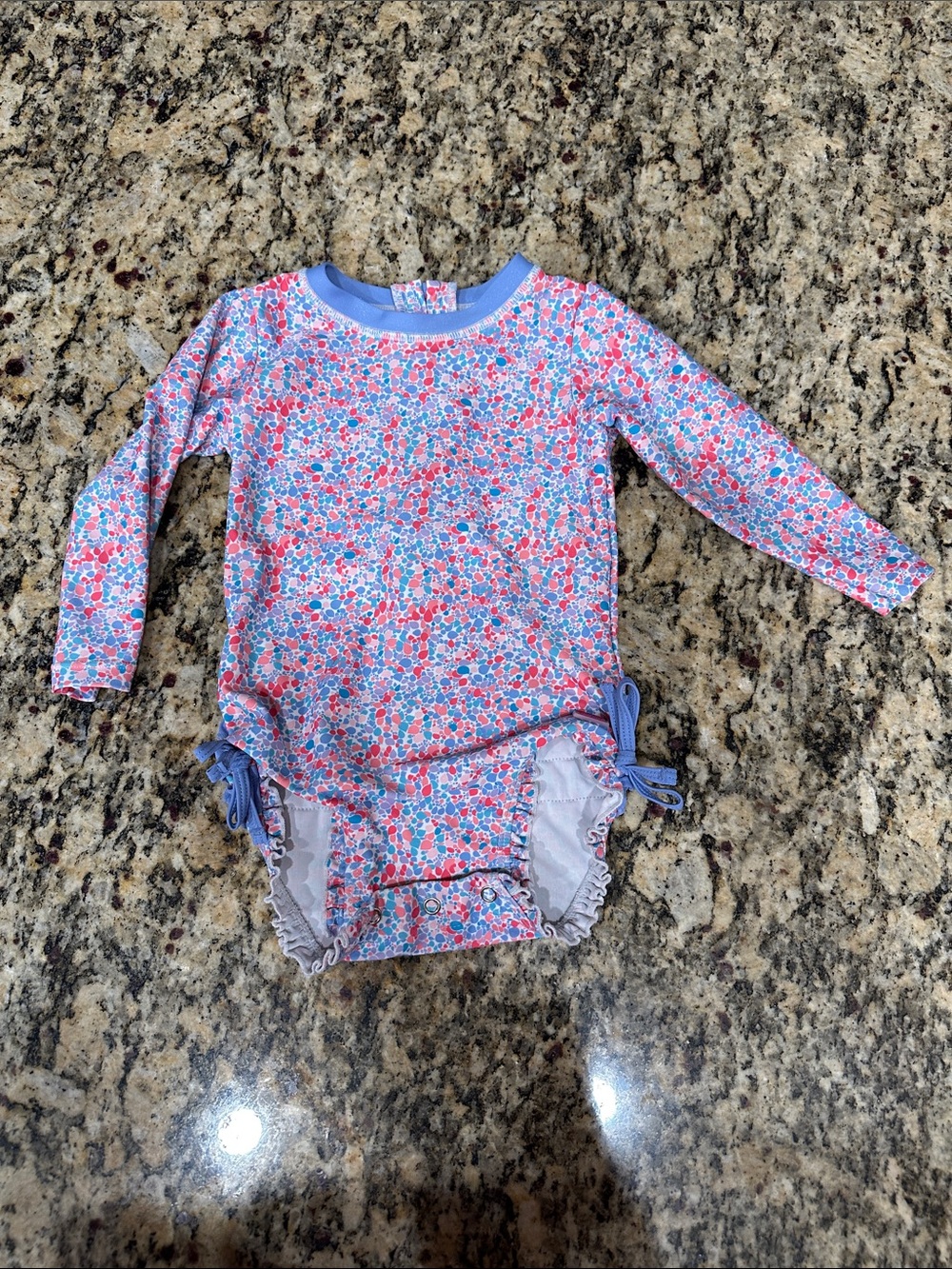 Ruffle Butt Floral Long Sleeve Rash Guard Swimsuit - Pink & Blue with shimmer